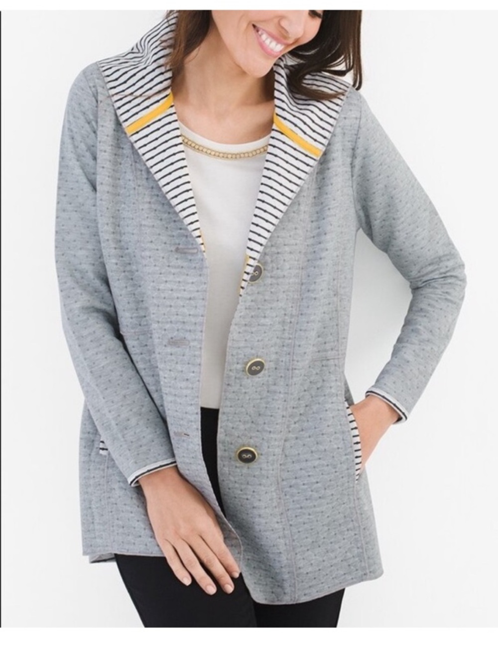 Zenergy By Chico’s Button Front Gray Quilted Hooded Lightweight Jacket Size 0 /S